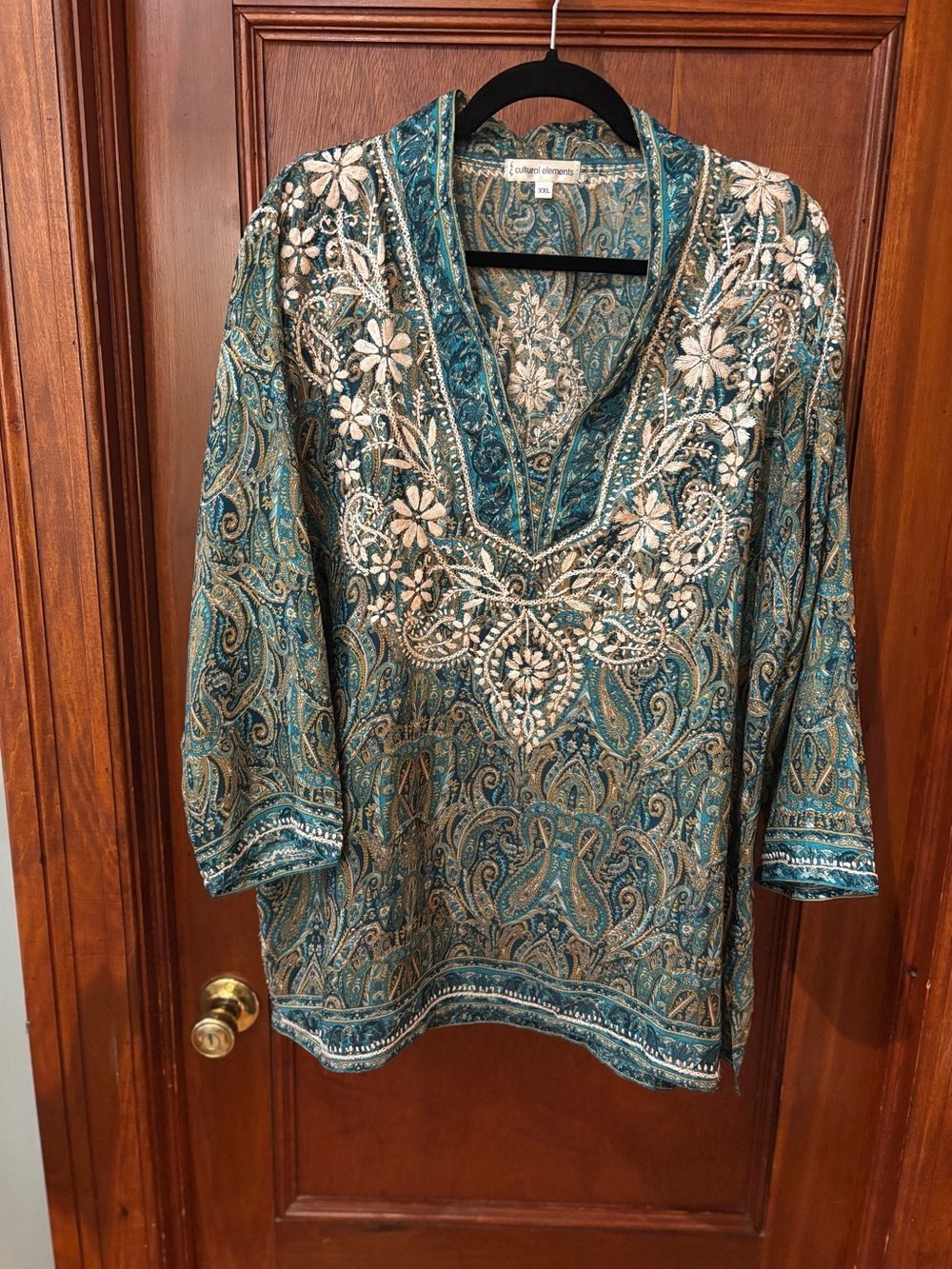 Cultural Elements Silk Blend Paisley Embroidered Tunic Top Kurti Turquoise XXL